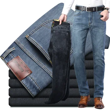 Зимние плотные джинсы с флисовой подкладкой 2023, мужские эластичные прямые свободные деловые повседневные брюки с высокой талией, сохраняющие тепло.