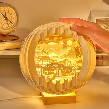 Креативная 3D Стереоскопическая светодиодная лампа для вырезания из бумаги с деревянным основанием, Прикроватная лампа с Мультяшной атмосферой, Декор, Искусство, Ночник, подарок другу