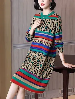 Леопардовое трикотажное женское платье, осенне-зимняя одежда, Модная одежда оверсайз с круглым вырезом, Тонкий длинный рукав, офисные женские платья-свитера высшего качества
