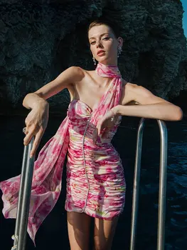 Летнее женское платье с цветочным рисунком Высокого качества Y2k Vestidos с бриллиантовой цепочкой, сексуальная элегантная юбка в стиле хип-хоп для вечеринки, клуба, праздника