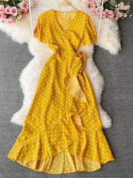 Летнее элегантное шифоновое женское платье с V-образным вырезом, короткий рукав, Женские платья на шнуровке, Французский Винтажный Vestidos Robe с принтом в горошек
