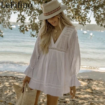 Летняя женская однотонная белая кружевная короткая юбка, открытые купальники для пляжного отдыха, купальники с V-образным вырезом, солнцезащитная одежда