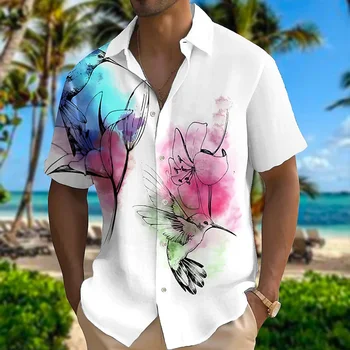 Летняя рубашка мужская 2023 Гавайская рубашка с короткими рукавами и принтом животных птиц мужская и женская пляжная рубашка для путешествий и отдыха oversize 5XL