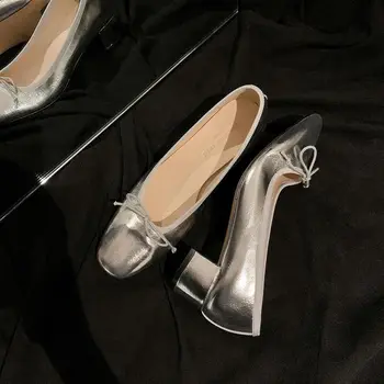 Модные женские туфли-лодочки на толстом каблуке с бантом, летние женские туфли с круглым носком, серебристые Zapatos Mujer