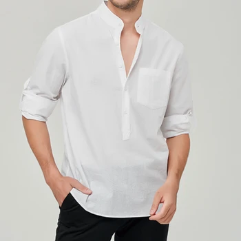 Мужские рубашки из 100% хлопка и льна, летние однотонные рубашки со стоячим воротником, повседневный пляжный стиль, больше цветов, Размер США S-3XL