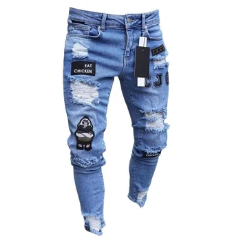 Мужские стильные рваные джинсовые брюки, байкерские тонкие прямые потертые джинсовые брюки в стиле хип-хоп, новые модные узкие джинсы, мужские европейские размеры