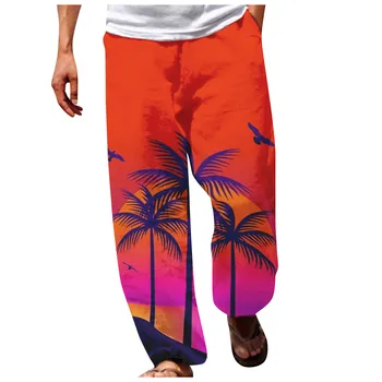 мужские широкие брюки, винтажные летние повседневные спортивные брюки с тропическим принтом и высокой талией, богемные повседневные брюки homme New