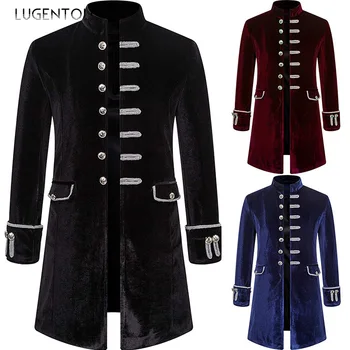 Мужское пальто в стиле стимпанк, модная вечеринка, средневековая винтажная бархатная униформа, воротник-стойка, мужская готическая куртка, однобортный однотонный тренч