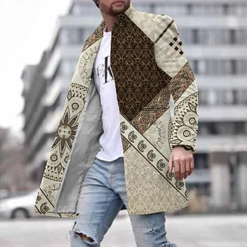 Мужское шерстяное пальто, куртка, модная мужская одежда в полоску с геометрическим принтом, осенне-зимнее однобортное пальто с карманами, верхняя одежда