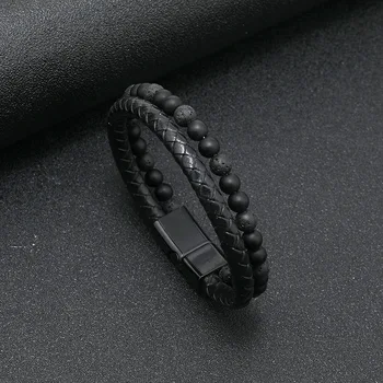 Мужской кожаный браслет из сплава натурального вулканического камня, плетеный браслет из натуральной воловьей кожи с магнитной пряжкой, подарок для пары