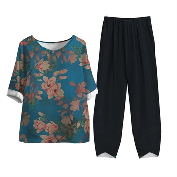 Мягкая бабушкина рубашка на пуговицах в стиле ретро, цветочным принтом, брюки с короткими рукавами, дышащий комплект из двух предметов, впитывающий пот