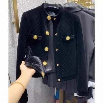 Новая модная женская черная куртка с воротником-стойкой и ромбовидной клетчатой хлопчатобумажной подкладкой MLXLXXL