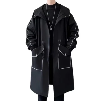 Новая мужская ветровка средней длины выше колена, пальто с капюшоном, Корейские свободные теплые пальто, мужские куртки