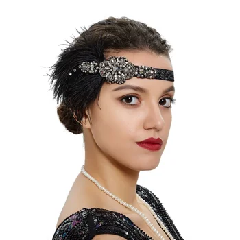 Новая эластичная повязка на голову в стиле ретро 1920-х годов с бриллиантами, Аксессуар для волос, головной Убор из перьев, лента для волос
