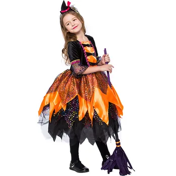 Новое поступление 2019 года, детский карнавальный костюм Ведьмы для девочек, костюм ведьмы для вечеринки на Хэллоуин Со шляпой