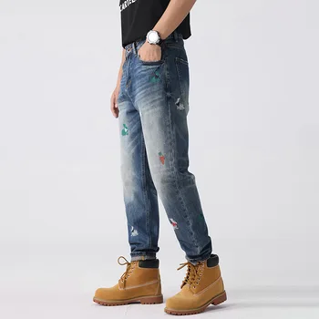 Новый дизайн Embroiderymen Джинсы Slim Fit Модные Уличные хлопчатобумажные Длинные брюки Мужские Брендовые брюки