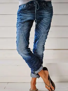 Новый продукт 2023 рваный джинсовый шнурок с эластичной резинкой на талии, выстиранные повседневные брюки для женщин