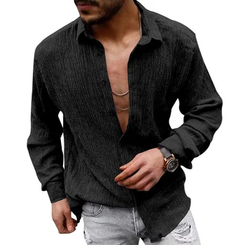 Однотонные рубашки в складку с длинными рукавами для мужчин, осенняя повседневная льняная блузка большого размера, модная мужская дизайнерская однобортная рубашка-топ