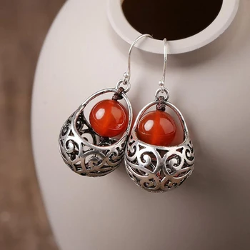 Оригинальный дизайнерский новый этнический стиль красные круглые полые серьги ретро темперамент изысканные роскошные женские серебряные украшения