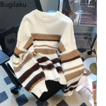 Осенне-зимний вязаный свитер в контрастную полоску Bugilaku, свободный и ленивый, для мужчин и женщин, с пуловером для пар