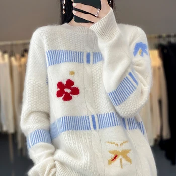 Осенне-зимний новый 100% шерстяной кашемировый свитер, женский вязаный пуловер с круглым вырезом и вышивкой, свободный Корейский модный женский топ