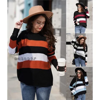 Осенне-зимний новый женский пуловер из многоцветного трикотажа с панелями, свободный свитер для пригородных поездок, женский