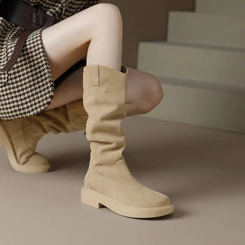 Осенние женские ботинки 2023 года, Женская обувь, сапоги на платформе с круглым носком и толстым каблуком, Сапоги до колен, Обувь из коровьей замши, Сапоги в западном стиле