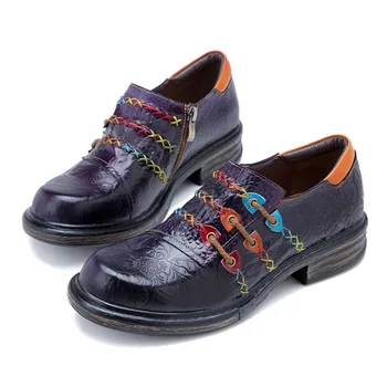 Осенние туфли-лодочки на каблуке, женские туфли на квадратном каблуке из натуральной кожи с застежкой-молнией, разноцветная веревка, нейтральная элегантная женская обувь в римском стиле в стиле ретро, темно-фиолетовый