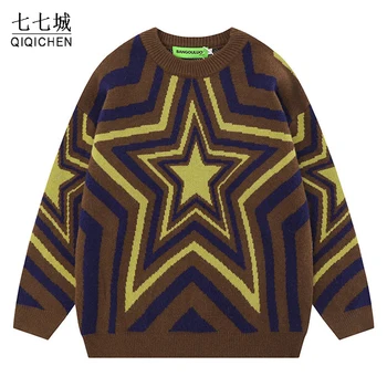 Повседневный свитер Harajuku Для мужчин и женщин, Вязаный пуловер со звездным принтом, Джемперы оверсайз в Корейском стиле, Осенне-зимний топ, уличная одежда
