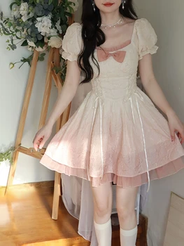 Розовое мини-платье Kawaii Lolita Party, Женское Повседневное Милое платье с пышными рукавами, Элегантное Французское Винтажное платье, Весна-лето 2023 г.
