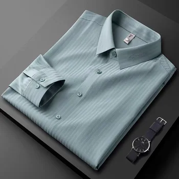 Роскошная бесследная шелковая рубашка премиум-класса, мужская рубашка с длинным рукавом, осенняя мода 2023, повседневная рубашка в вертикальную полоску, устойчивая к морщинам, повседневная рубашка