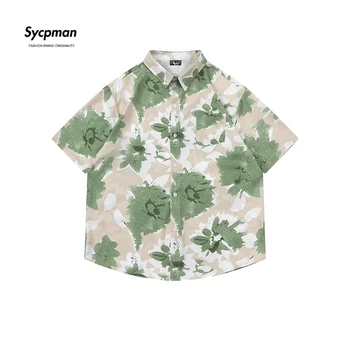 Рубашка с короткими рукавами с цветным принтом Sycpman, модная уличная одежда, пара свободных рубашек, мужская повседневная одежда на лето