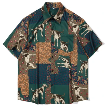 Рубашки с принтом милой собачки в стиле ретро, Летние мужские топы на пуговицах, Гавайская рубашка с коротким рукавом, пляжная блузка