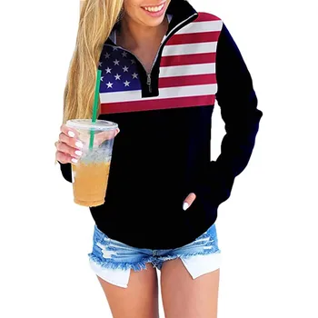 Толстовки с круглым вырезом на молнии на четверть для женщин, топы с принтом Флага Дня независимости, пуловер с длинным рукавом и передним карманом