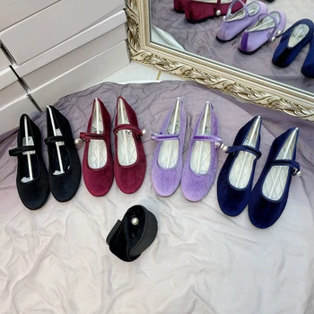 Туфли Мэри Джейн женские туфли на плоской подошве, новые бархатные балетки из жемчужного атласа с круглым носком и мелким вырезом, легкие туфли большого размера