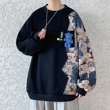 Уличная одежда Y2K Контрастного цвета, мужские толстовки с принтом Медведя, Harajuku, Осенние мужские пуловеры Оверсайз, толстовки с круглым вырезом в стиле пэчворк.
