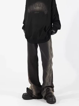 Уличная одежда Y2K Мешковатые расклешенные мужские джинсовые брюки с разрезом на молнии Прямые Винтажные выстиранные черные джинсовые брюки в стиле хип-хоп Pantalon Homme