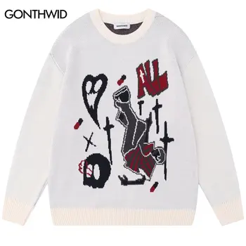 Хип-хоп свитер Y2K Harajuku, вязаный джемпер с призрачным черепом и сердечком, уличная одежда, мода 2023, свободные свитера-пуловеры в стиле панк-гот