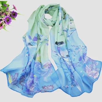 Шифоновые шарфы с принтом в стиле Шинуазри, натуральный стиль, весенне-осенний женский шелковый шарф для защиты от солнца