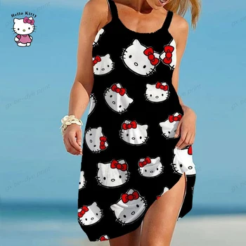 Элегантное женское платье, сексуальное женское платье Hello Kitty, летнее женское пляжное платье в стиле бохо, свободный принт, Hello Kitty, модная девушка